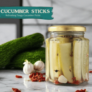 Glass jar of Spiso Pickled Cucumber Sticks on a wooden surface with cucumbers and garlic