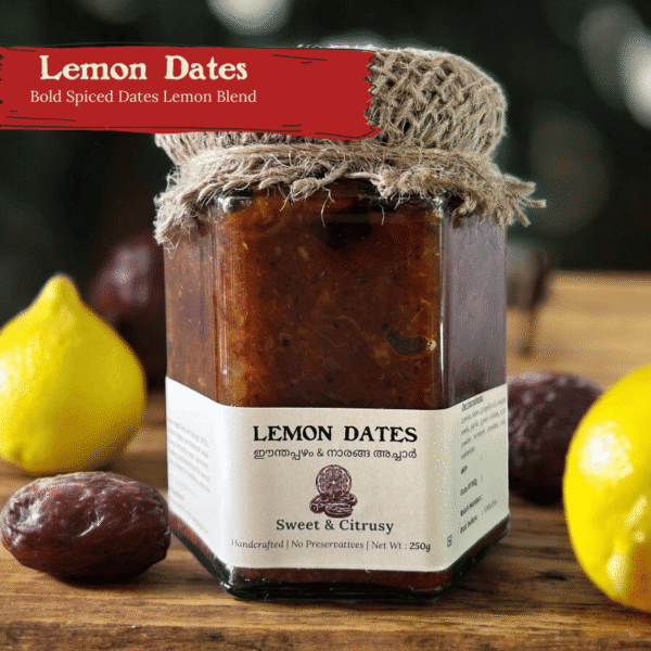 Glass jar of Spiso Lemon and Dates Pickle on a wooden surface